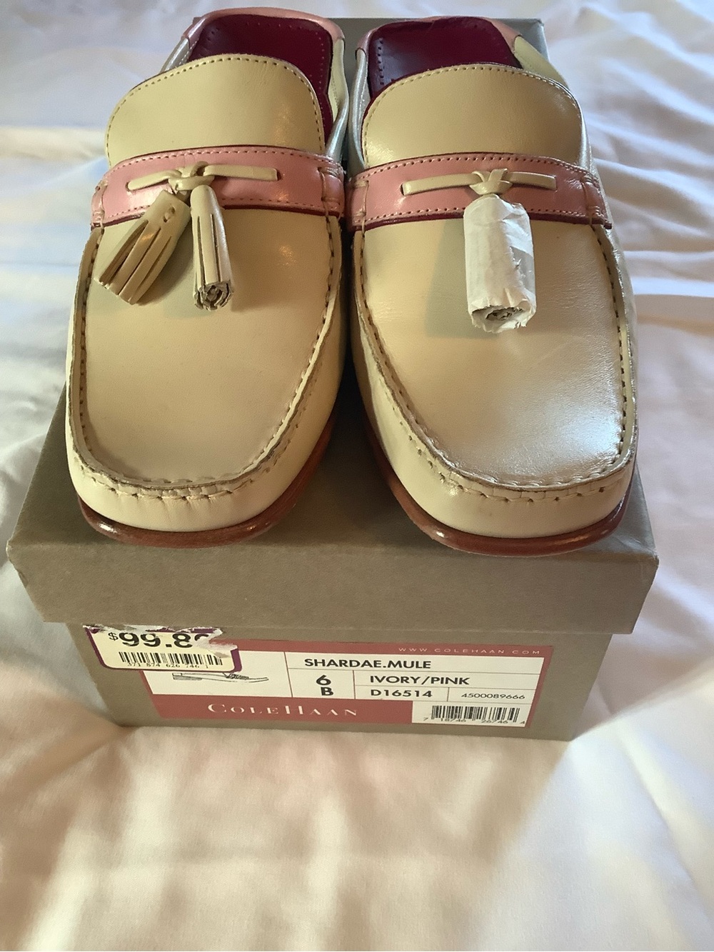 Cole Haan Ivory and Pink Tassel Mule Loafers